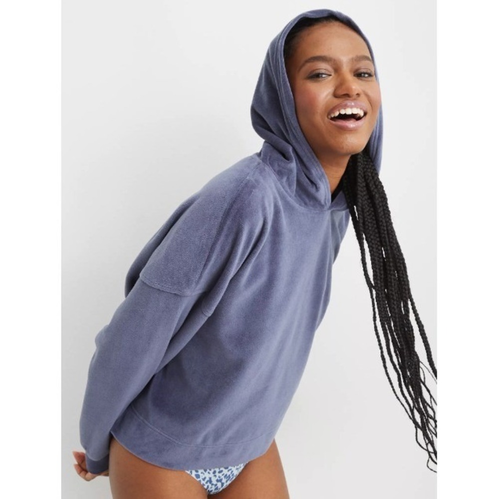 Aerie Velour Cropped Hoodie Womens Size XS Navy Blue Long Sleeve